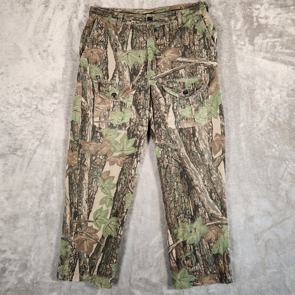 Vintage Ocoee Camo Hunting Pants Mens 34 Green Rebark Tree Leaf Pattern Cotton